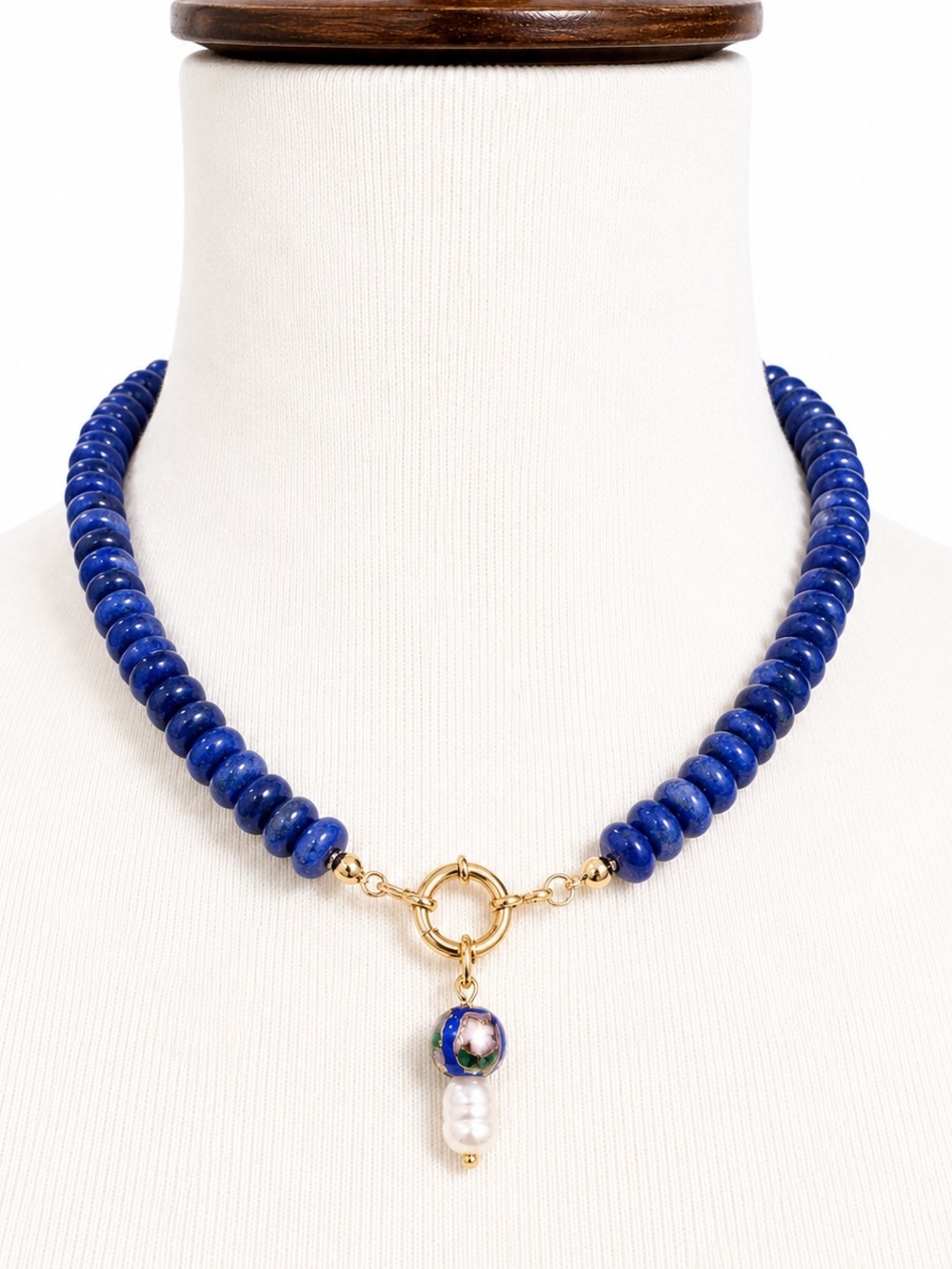 Handmade Glass Stone Blue Beaded Gold-Accent Rainbow Necklace Pearl Drop